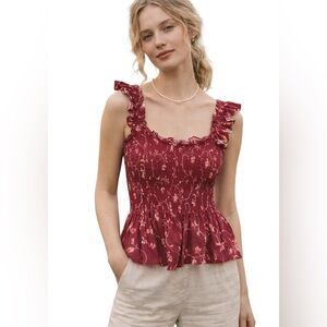Hill House Floral Smocked Peplum Top XL Cottagecore Ruffle Strap Cotton